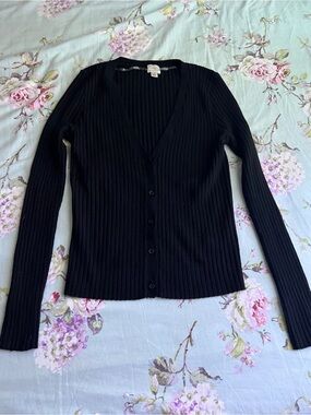 Black Ribbed Button-Up V-Neck Sweater - Women